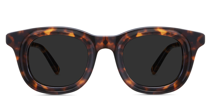 Joliet Gray Polarized in the whimsy variant - it's a squarish round tortoise frame with a thick temple arm and is 145mm long.