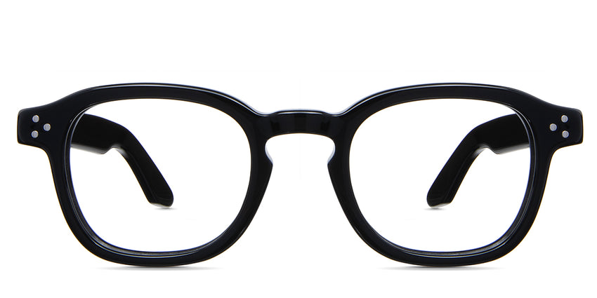 Jovi Eyeglasses in the midnight variant - it's a medium-sized frame with an extended end piece.
