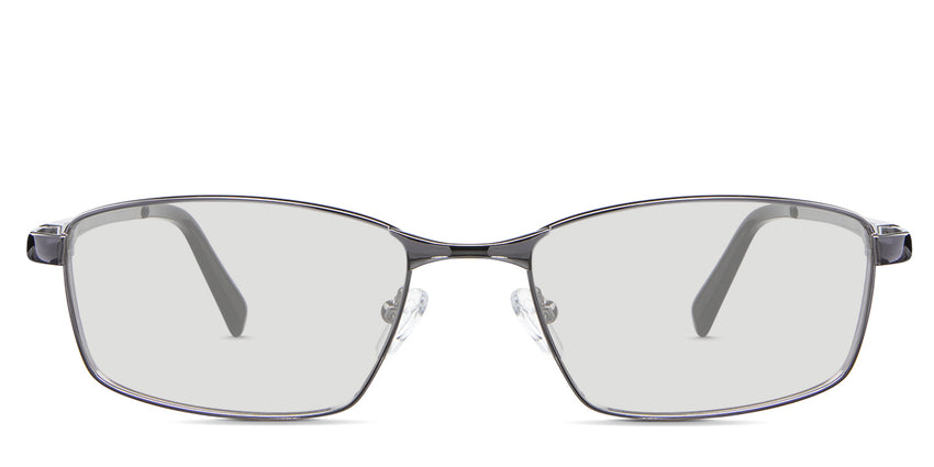 Juan black tinted Standard Solid in the Silver variant - is a rectangular frame with a broad nose bridge and has a combination of acetate tips and a metal arm.
