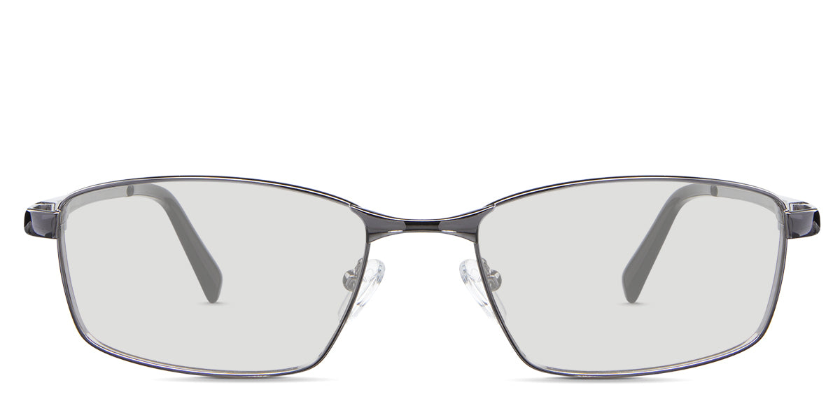 Juan black tinted Standard Solid in the Silver variant - is a rectangular frame with a broad nose bridge and has a combination of acetate tips and a metal arm.