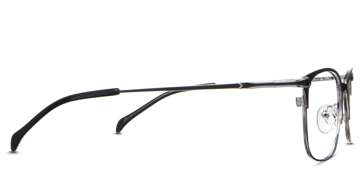 Kira Eyeglasses in the beluga variant - have a unique design connecting the endpiece to the temple arm.