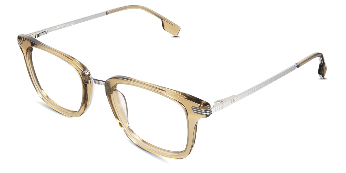 Koa Eyeglasses in the troyi variant - have extended silver metal embellishments connecting the rim to the temple.