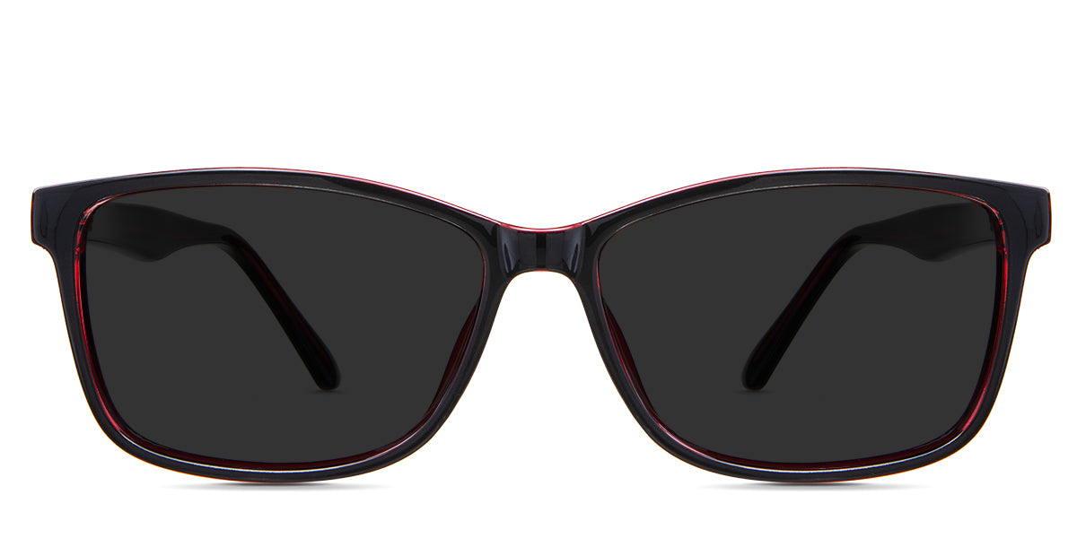Kyra black tinted Standard Solid in the Burgundy variant - is a full-rimmed frame with a U-shaped nose bridge and a medium-thick temple arm.