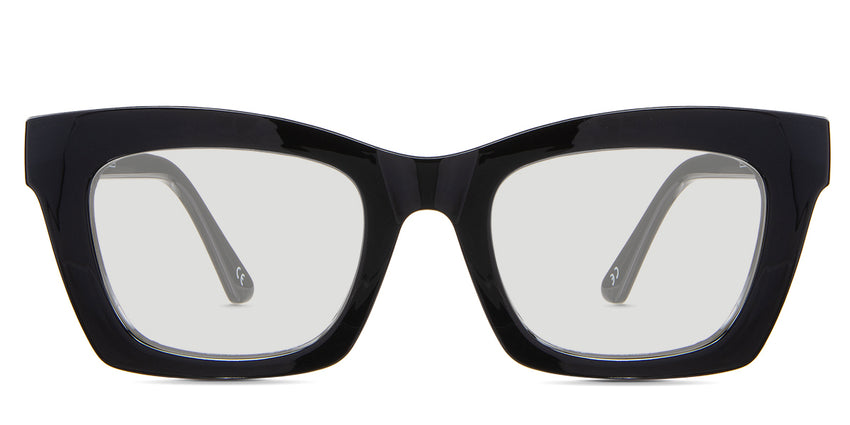 Lana Black tinted glasses Standard Solid in the midnight variant - is a rectangular, square frame with a U-shaped nose bridge and a company and frame information inprints inside the arm.