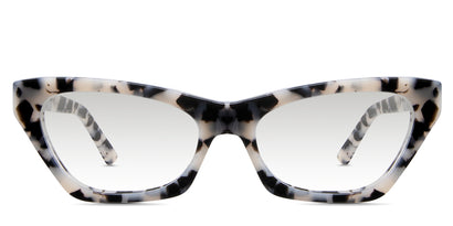 Leda black tinted Gradient sunglasses in nightjars variant is an acetate frame with a tortoise pattern and a pointed end piece.