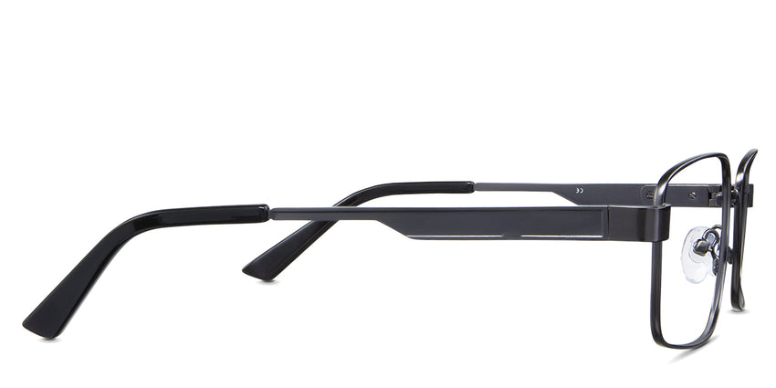 Leo eyeglasses in the gun variant - have slim metal and acetate temples.