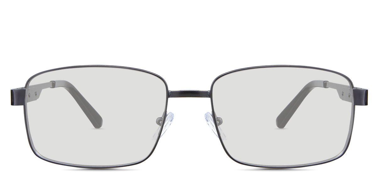 Leo black tinted Standard Solid glasses in the Gun variant - it's a metal frame with a narrow-width nose bridge and slim metal and acetate temples.