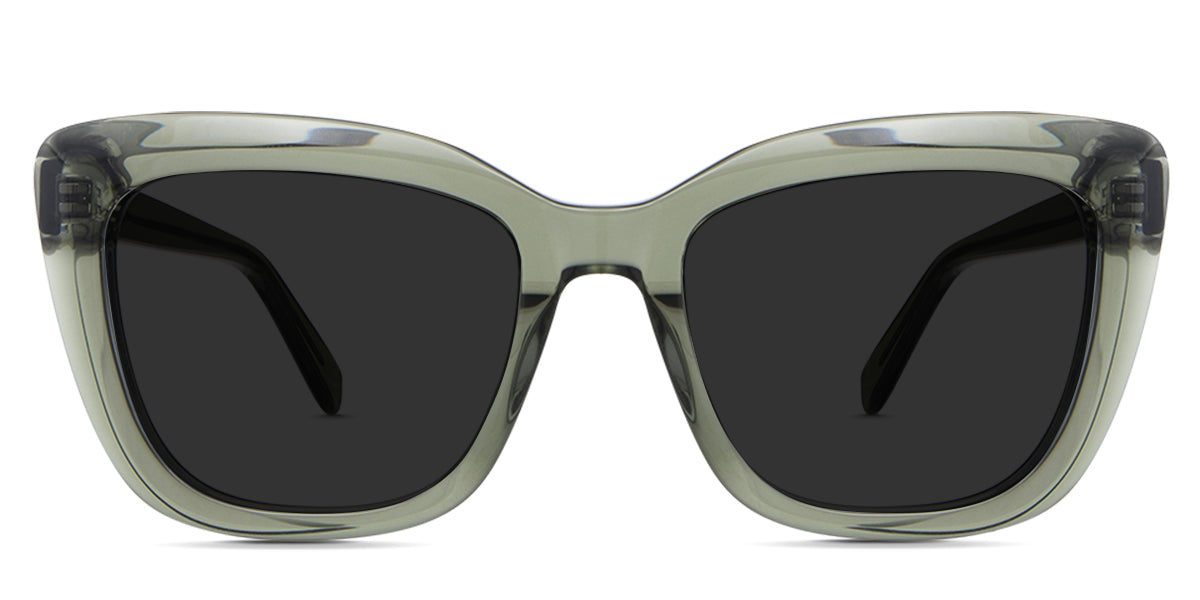 Lesa black tinted Standard Solid Sunglasses in the Midori variant - it's a transparent medium-thick frame in a cat eye shape with a built-in nose bridge.