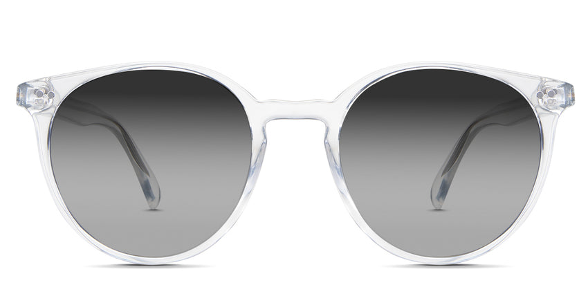 Lilah black tinted Standard Gradient in the Crystal variant - is an acetate frame with a keyhole-shaped nose bridge and has frame information written inside the arm.