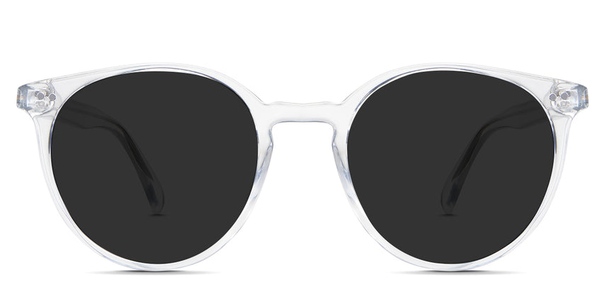 Lilah black tinted Standard Solid in the Crystal variant - is an acetate frame with a keyhole-shaped nose bridge and has frame information written inside the arm.