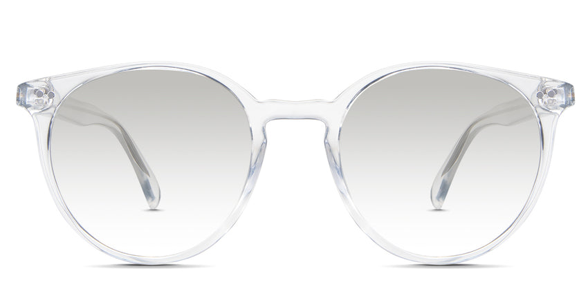 Lilah black tinted Gradient in the Crystal variant - is an acetate frame with a keyhole-shaped nose bridge and has frame information written inside the arm.