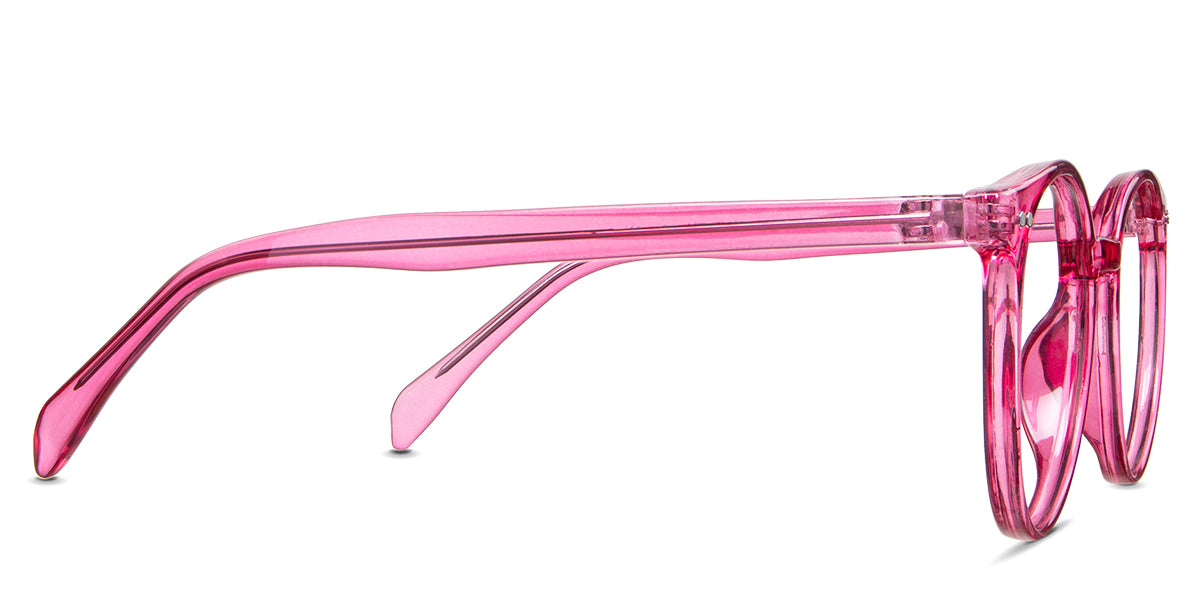 Lilah eyeglasses in the purple variant - have a regular thick temple arm.