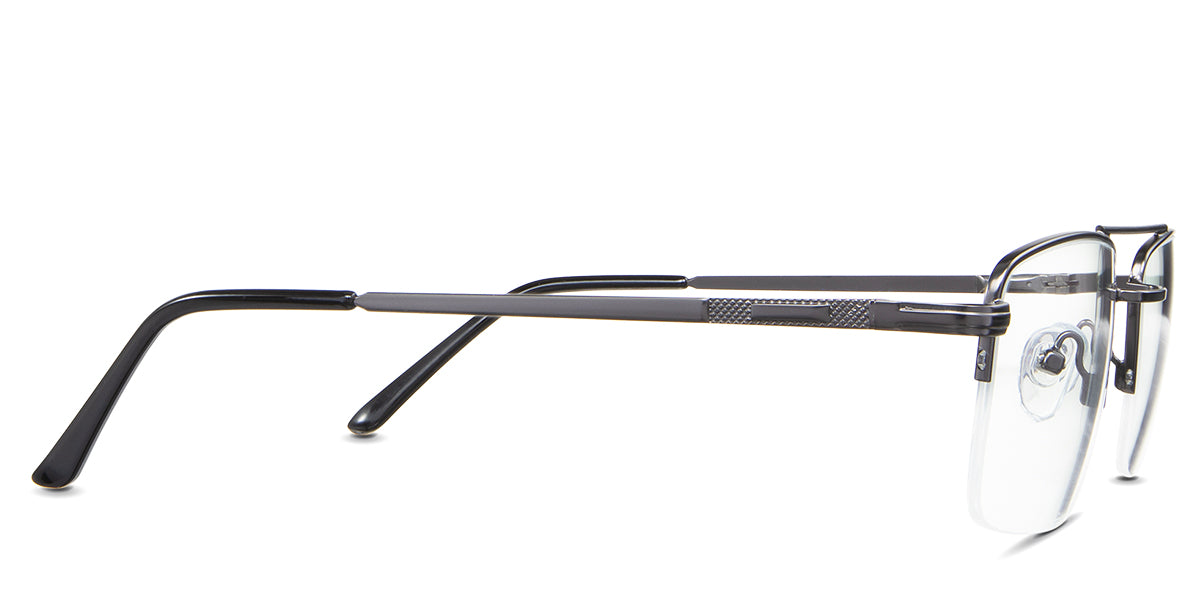 Lister eyeglasses in the stout variant - have a gunmetal arm and black acetate tips.