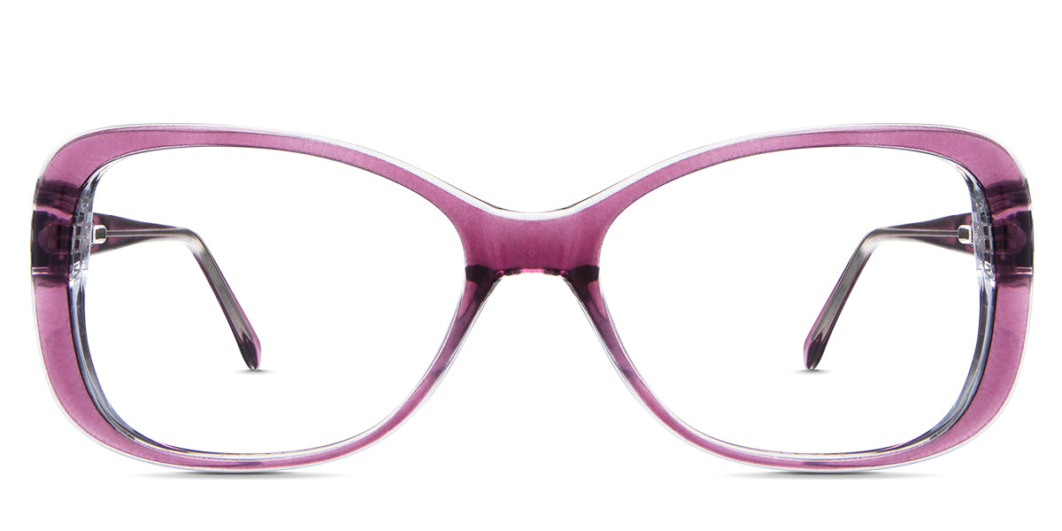 Lois Eyeglasses in tayberry variant - has a violet front rim and a clear side and inside rim.  best seller New Releases Latest