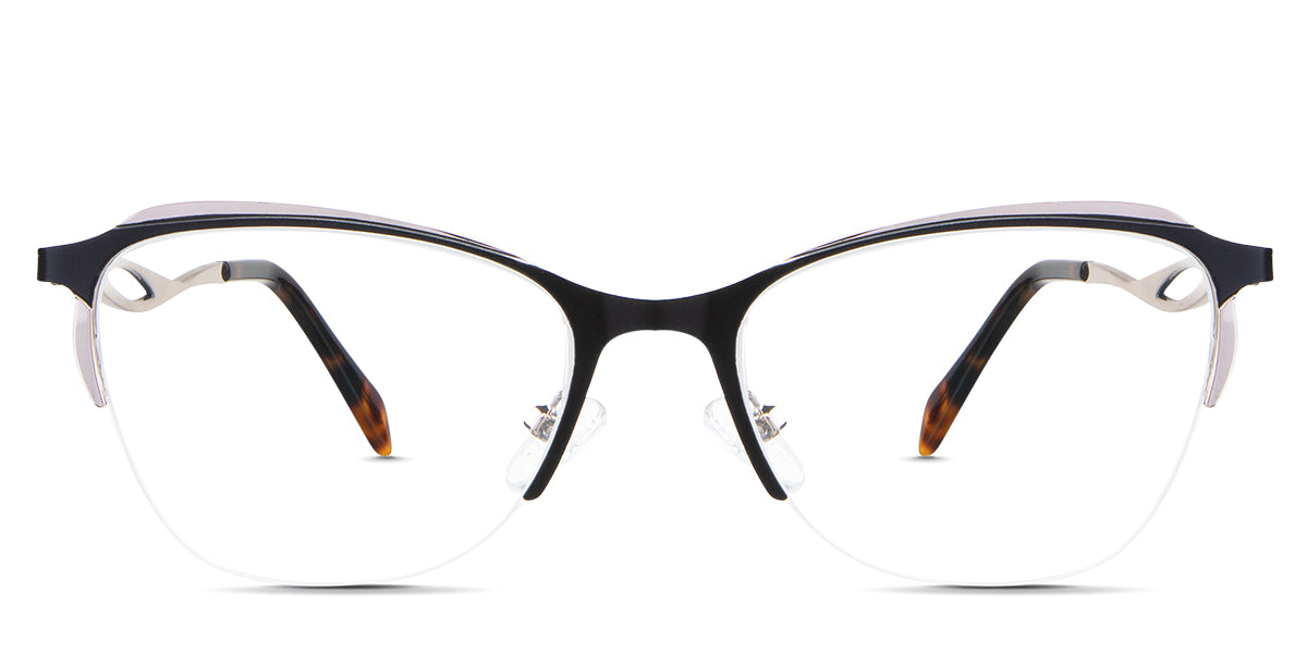 Lux eyeglasses in the melanites variant - it's a cat-eye-shaped frame in color black and silver.