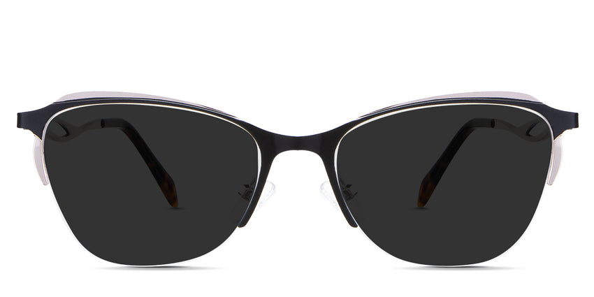 Lux Black Sunglasses Solid in the Melanites variant - it's a cat-eye-shaped frame with a U-shaped nose bridge and has a combination of metal and acetate temples.