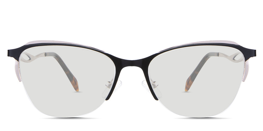 Lux Black Tinted Solid in the Melanites variant - it's a cat-eye-shaped frame with a U-shaped nose bridge and has a combination of metal and acetate temples.