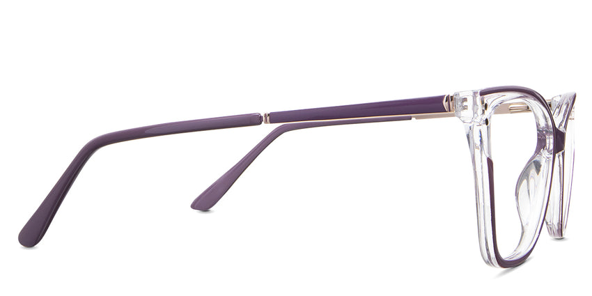 Mila eyeglasses in the biborka variant - have a combination of a gold metal arm and purple acetate tips.
