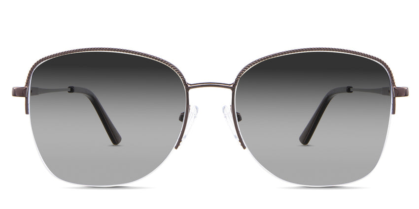 Moira black tinted Gradient sunglasses in the Panela variant - is a square oval-shaped frame with a rope pattern on the rim, and the frame information imprints to the temple tips.