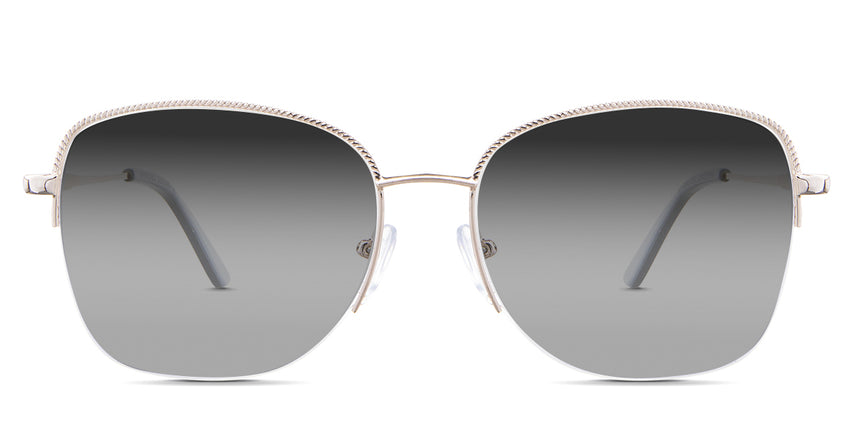 Moira black tinted Gradient sunglasses in the Sunglow variant - it's a half-rimmed frame with adjustable nose pads and a metal and acetate arm combination.
