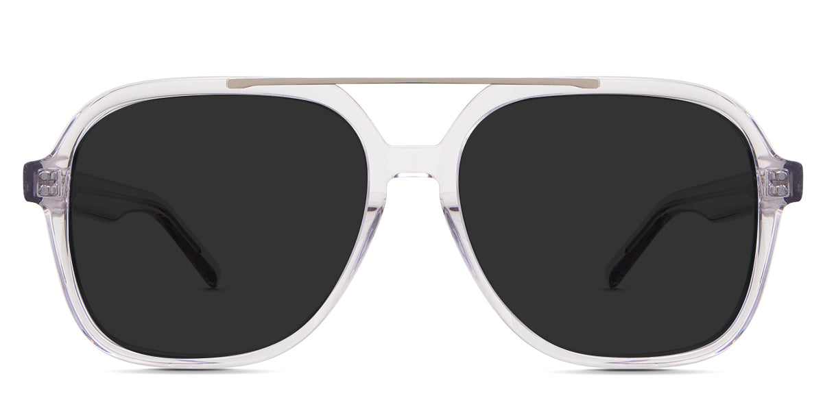 Myla Gray Polarized in the verbena variant - it's a medium transparent frame with a narrow nose bridge and broad temple arm.