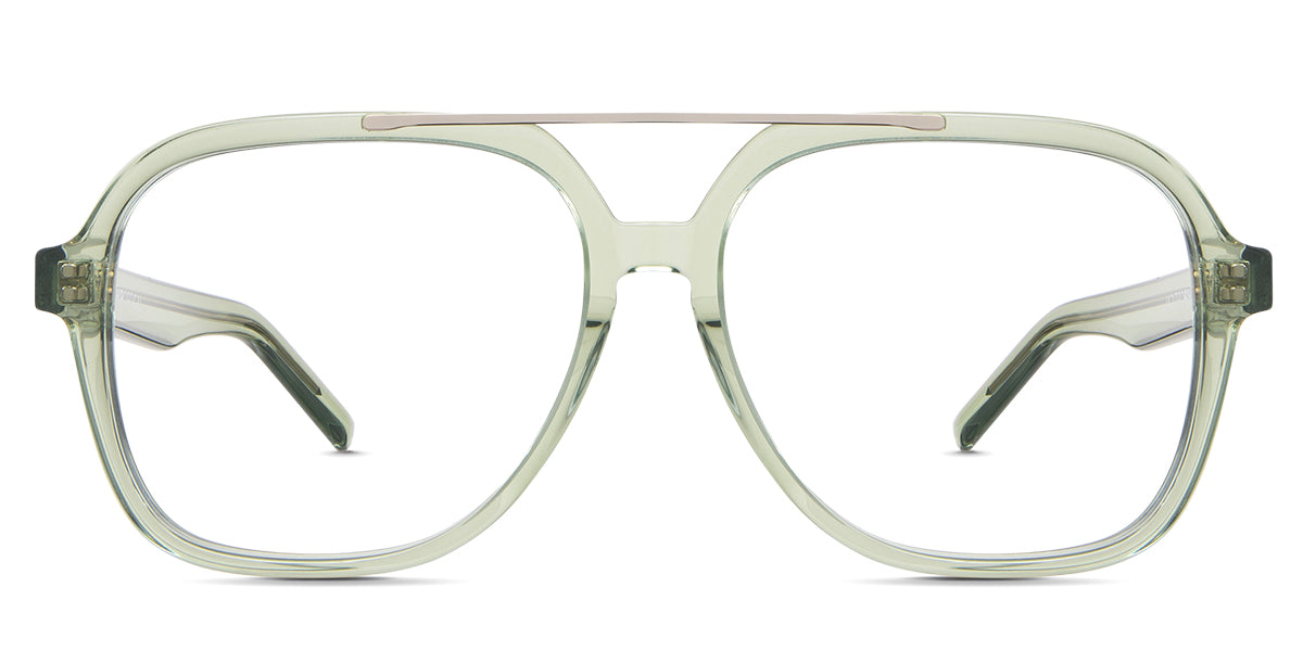 Myla Eyeglasses in the cade variant - it's a full-rimmed acetate frame with a gold metal bar on top of the rim.