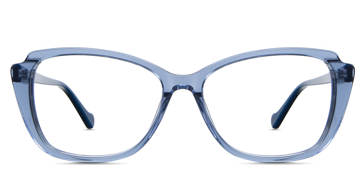 Nanu Eyeglasses in astilbe variant - it's a medium colorless frame with black temple arms. 