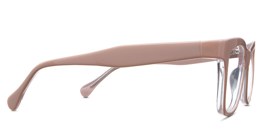 Nyla Eyeglasses in salmon variant - it has a broad temple arms with a rounded tips. 