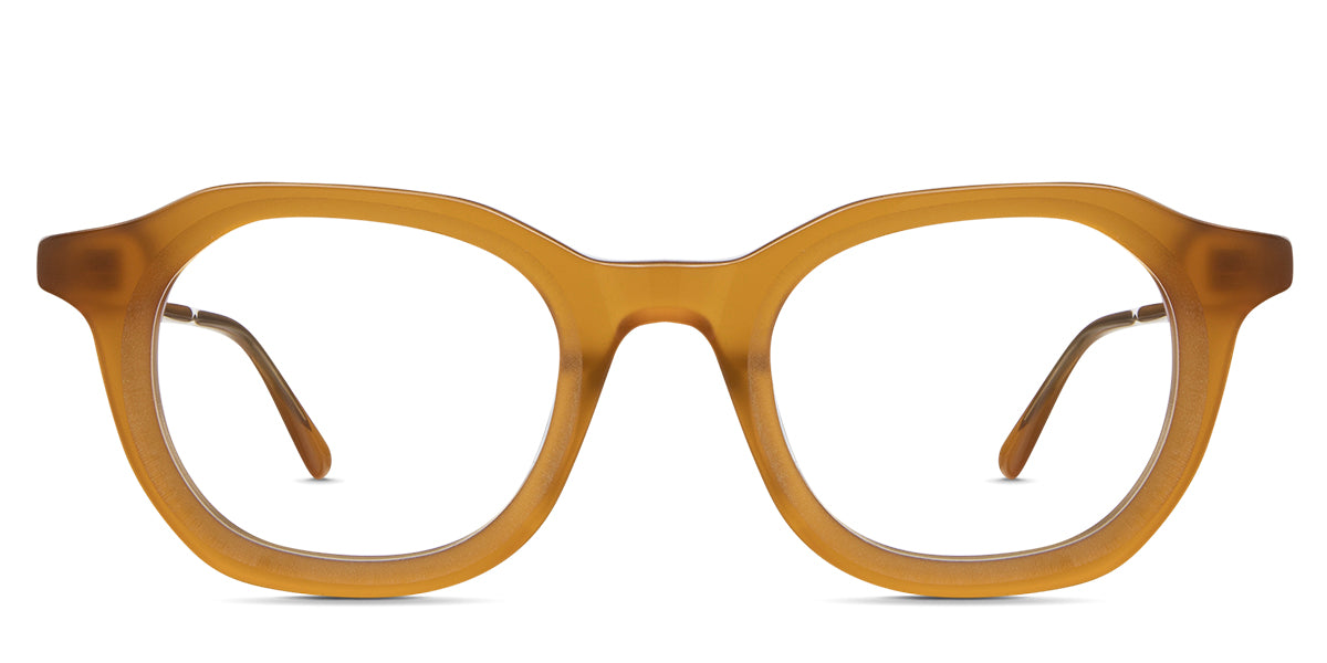 Osiri eyeglasses in the saffron variant - have a brushed texture on the front rim close to the lenses.