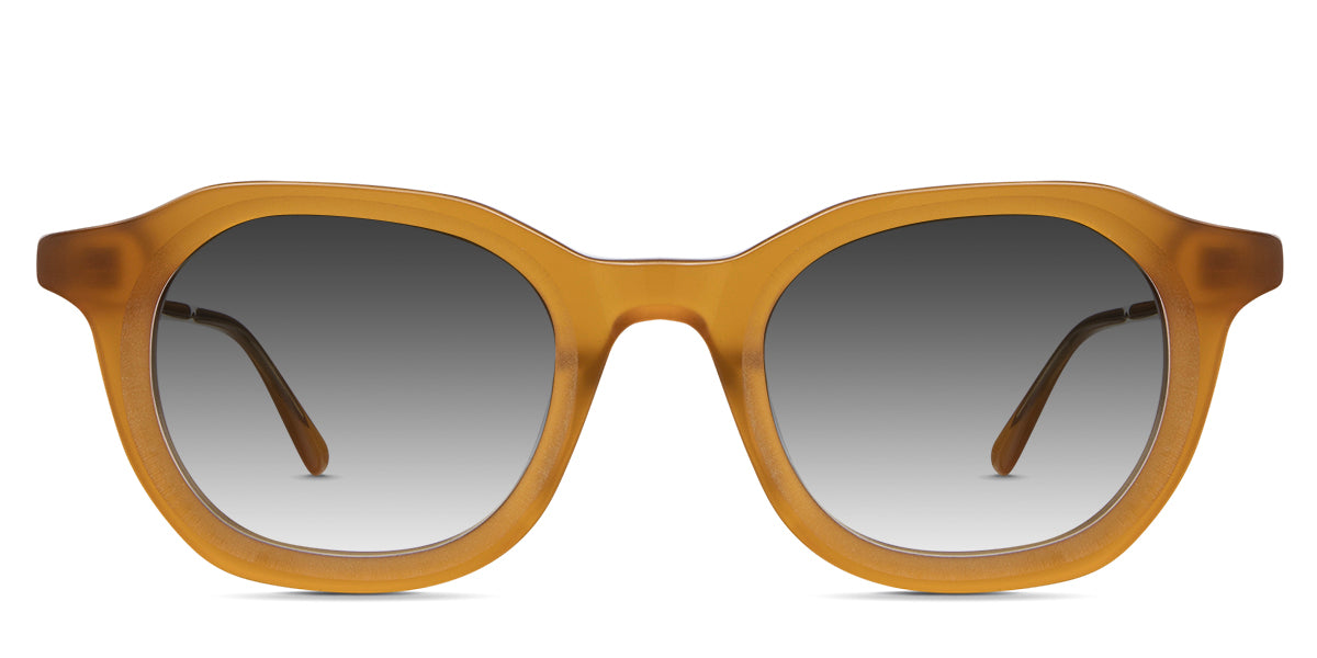 Osiri black tinted Gradient glasses in saffron variant - is a full-rimmed medium-sized frame with a high nose bridge and has a brushed texture on the front rim close to the lenses.