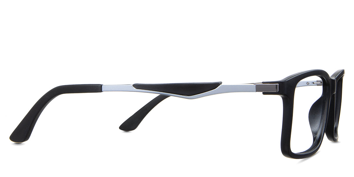 Perry eyeglasses in the tornado variant - have a black and silver color temple arm.