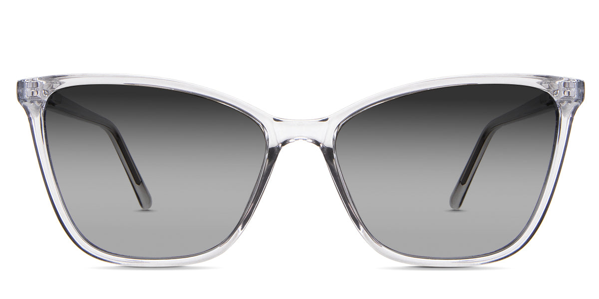 Petra black tinted Gradient sunglasses in the Chert variant - it's a thin, full-rimmed transparent frame with a visible wire core in the arm.