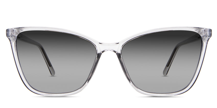 Petra black tinted Gradient sunglasses in the Chert variant - it's a thin, full-rimmed transparent frame with a visible wire core in the arm.