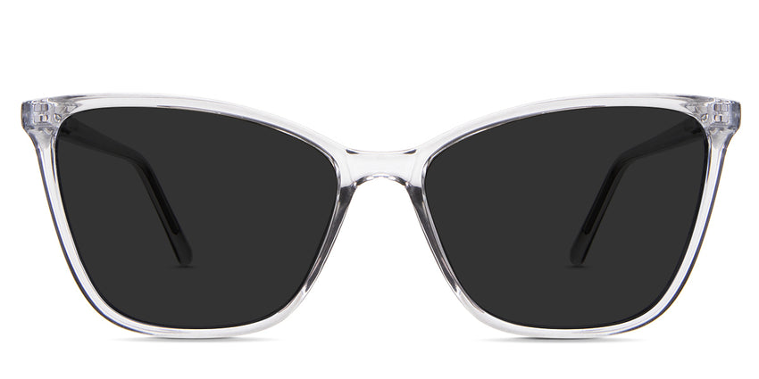 Petra black tinted Standard Solid sunglasses in the Chert variant - it's a thin, full-rimmed transparent frame with a visible wire core in the arm.