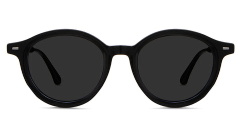 Phlox black tinted Standard Solid sunglasses in Midnight variant - it's a rounded acetate frame an extended end piece. it has a 20mm U-shaped nose bridge. 