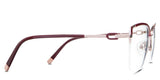 Phoebe eyeglasses in the carmine variant - have a thin temple arm and wide tips.