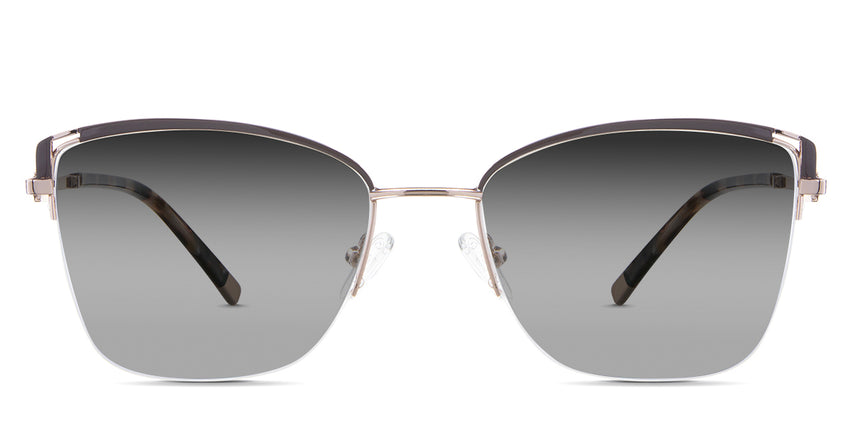 Phoebe black tinted Gradient sunglasses in the Raccoon variant - is a half-rimmed frame with a wide viewing lens and acetate temples.