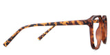 Reign eyeglasses in the tortoise variant - have a frame name, color, and size information written inside the arm.