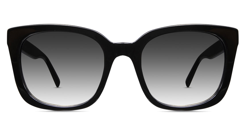 Relta black tinted Gradient prescription sunglasses in the onyx variant - it's a square frame with thinner temple tips than the temple arm and has a combination of thin and slightly thick rims.
