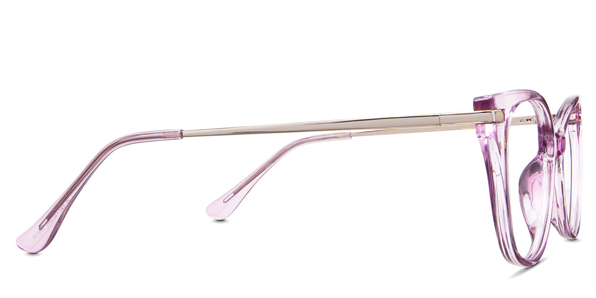Rishi eyeglasses in the camellia variant - have a thin metal arm and wide paddle tips.
