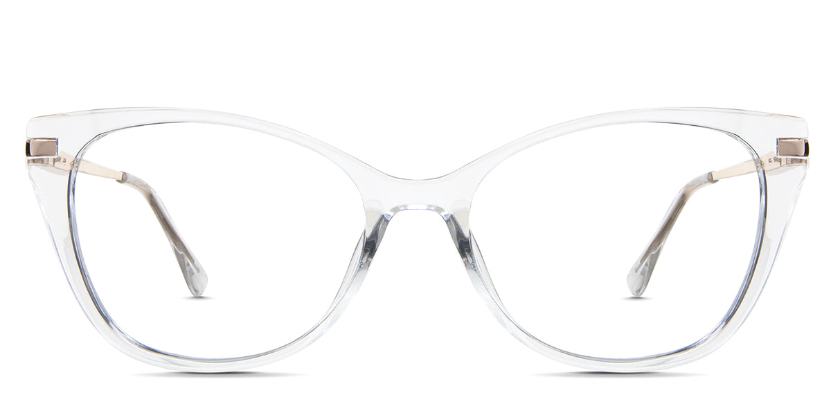Rishi eyeglasses in the goshenite variant - it's a cat-eye shape frame in crystal clear color.