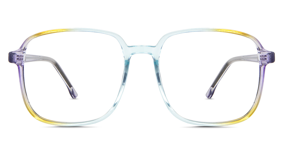 Roryfly eyeglasses in the multi variant - it's a thin square frame in multicolor.