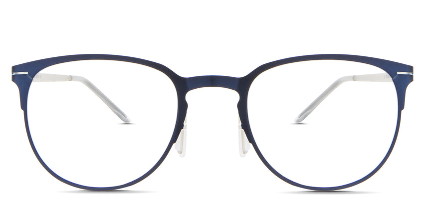 Rylee eyeglasses in the blutang variant - are oval frames in blue.