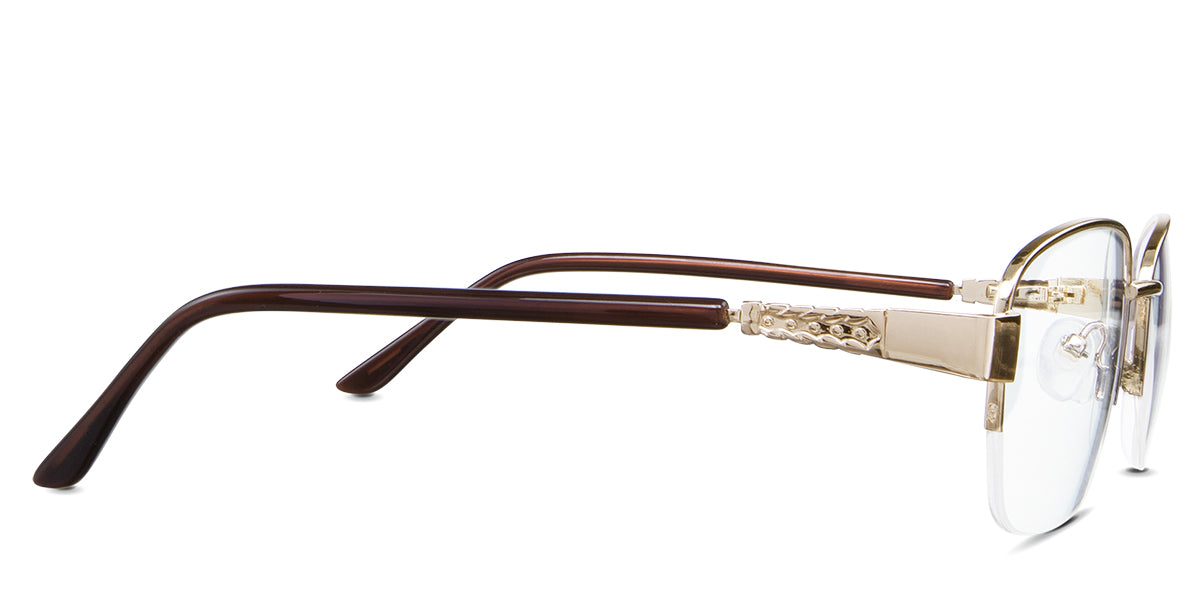Sadie Eyeglasses in the camelus variant - have an extended metal arm connecting to the rim.