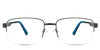 Sanna eyeglasses in the iridium variant - it's a rectangular half-rimmed frame in gun and blue color.