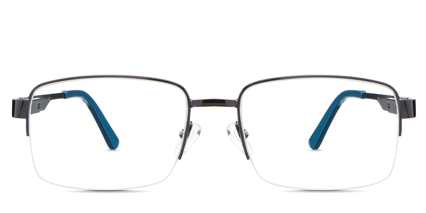 Sanna eyeglasses in the iridium variant - it's a rectangular half-rimmed frame in gun and blue color.