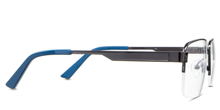 Sanna eyeglasses in the iridium variant - it's a medium to wide frame with a long temple arm.