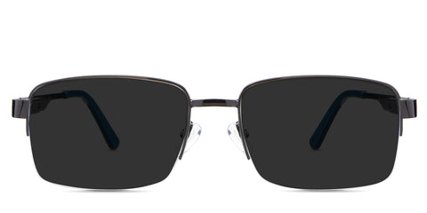 Sanna black tinted Standard Solid sunglasses in the Iridium variant - it's a rectangular half-rimmed frame with adjustable silicon nose pads and a long temple arm.