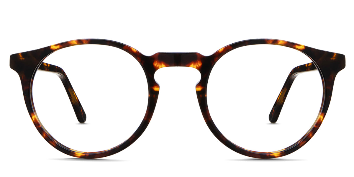 Seraph Eyeglasses in delaney variant - it's a rounded acetate frame in tortoise pattern. 