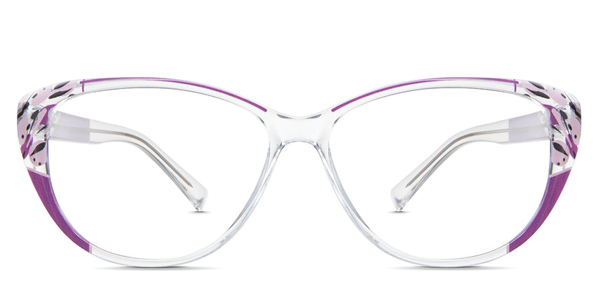 Serena eyeglasses in the cattleya variant - it's a full-rimmed frame with purple flower patterns.